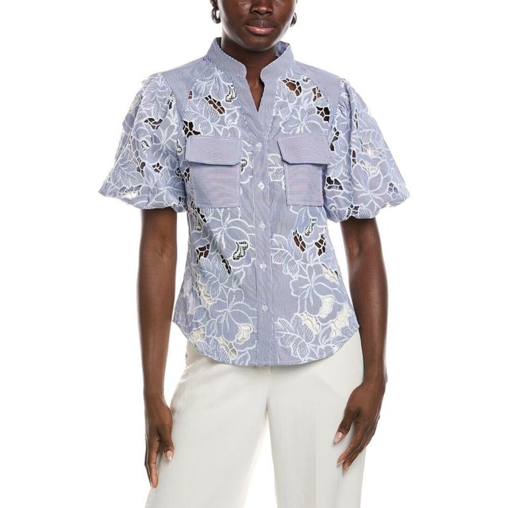 Gracia Womens Eyelet Lace Work Shirt, Blue